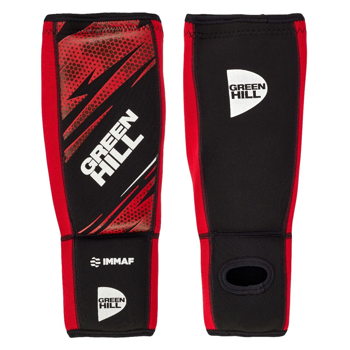 Green Hill Shin Instep Pad in red, designed for MMA protection, featuring velcro strap closure and made from neoprene and elastic polyester.