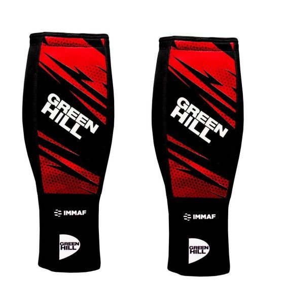 Green Hill Shin Instep Pad in red, designed for MMA protection, featuring velcro strap closure and made from neoprene and elastic polyester.