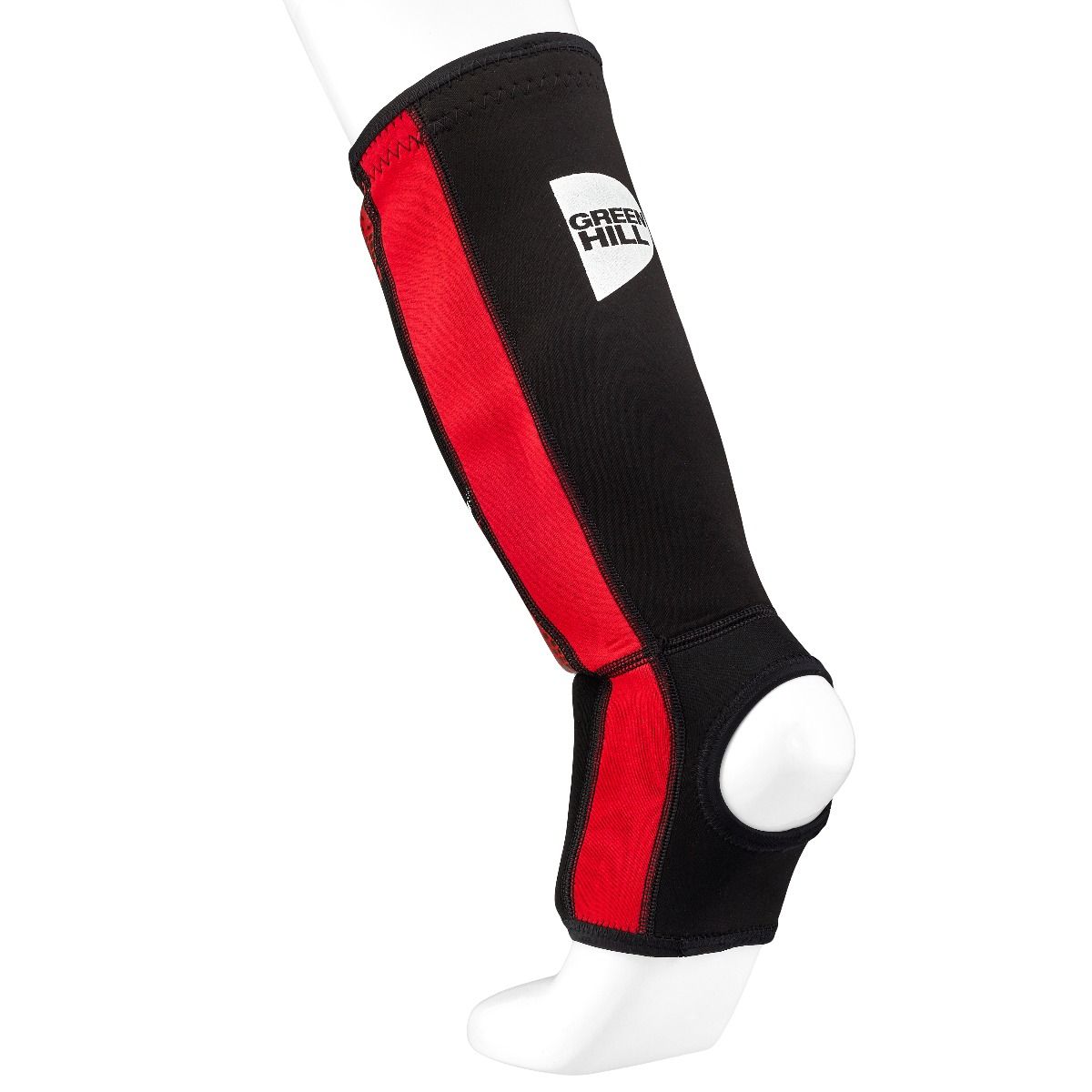 Green Hill Shin Instep Pad in red, designed for MMA protection, featuring velcro strap closure and made from neoprene and elastic polyester.