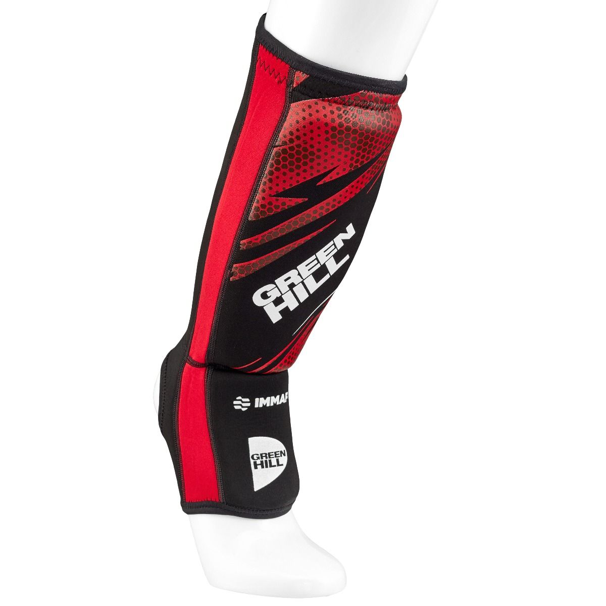 Green Hill Shin Instep Pad in red, designed for MMA protection, featuring velcro strap closure and made from neoprene and elastic polyester.