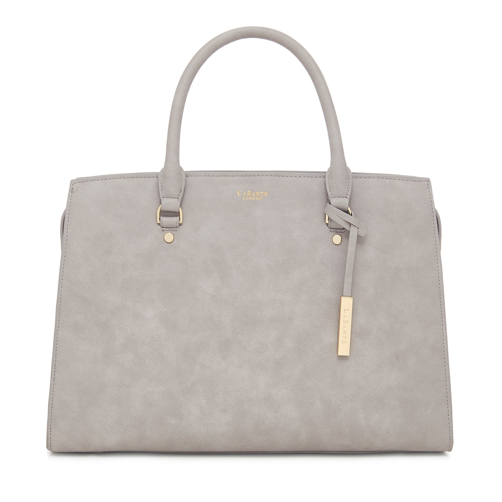 Grey Aricia Vegan Luxury Computer Bag with fuchsia lining and gold hardware, featuring a padded laptop compartment and adjustable strap.