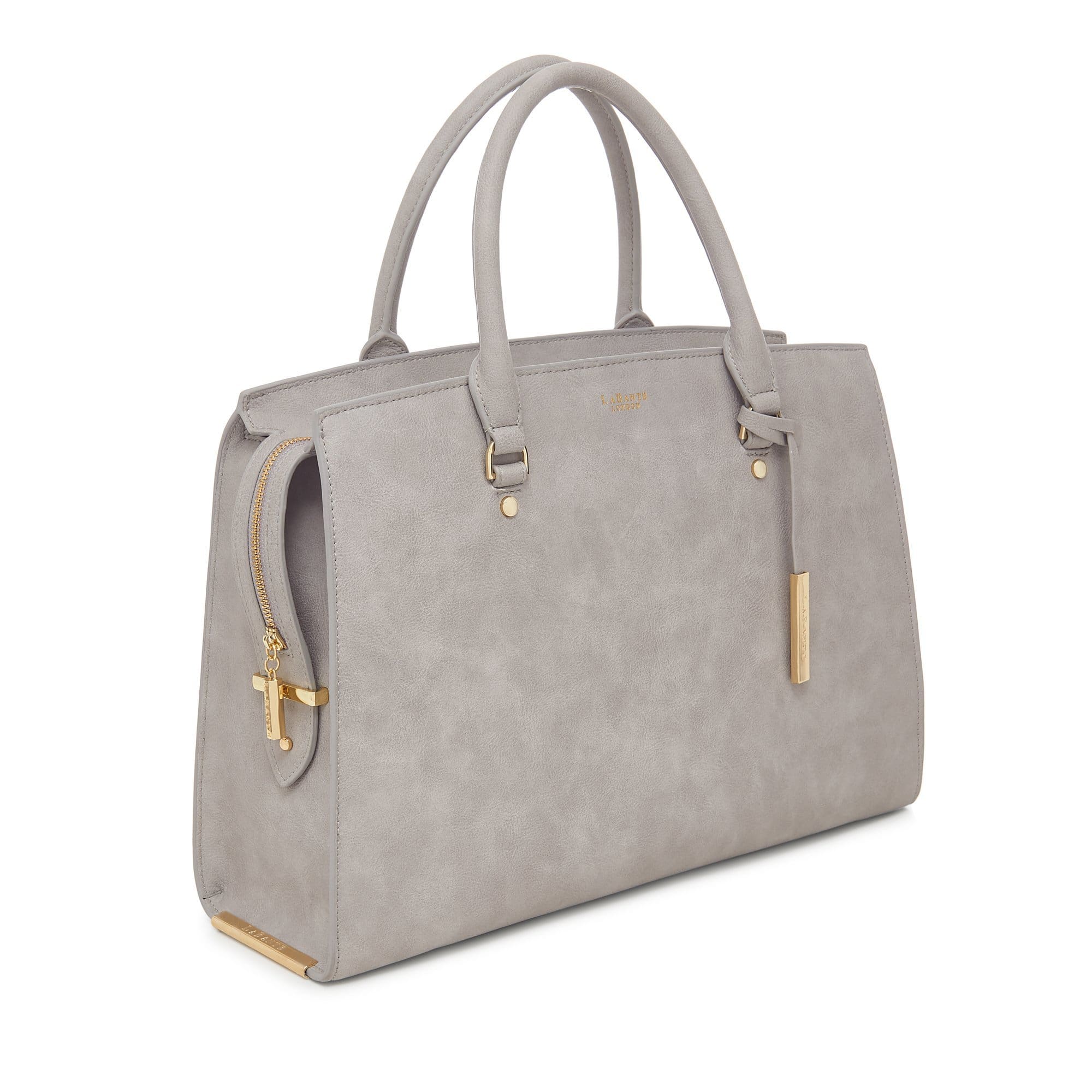 Grey Aricia Vegan Luxury Computer Bag with fuchsia lining and gold hardware, featuring a padded laptop compartment and adjustable strap.