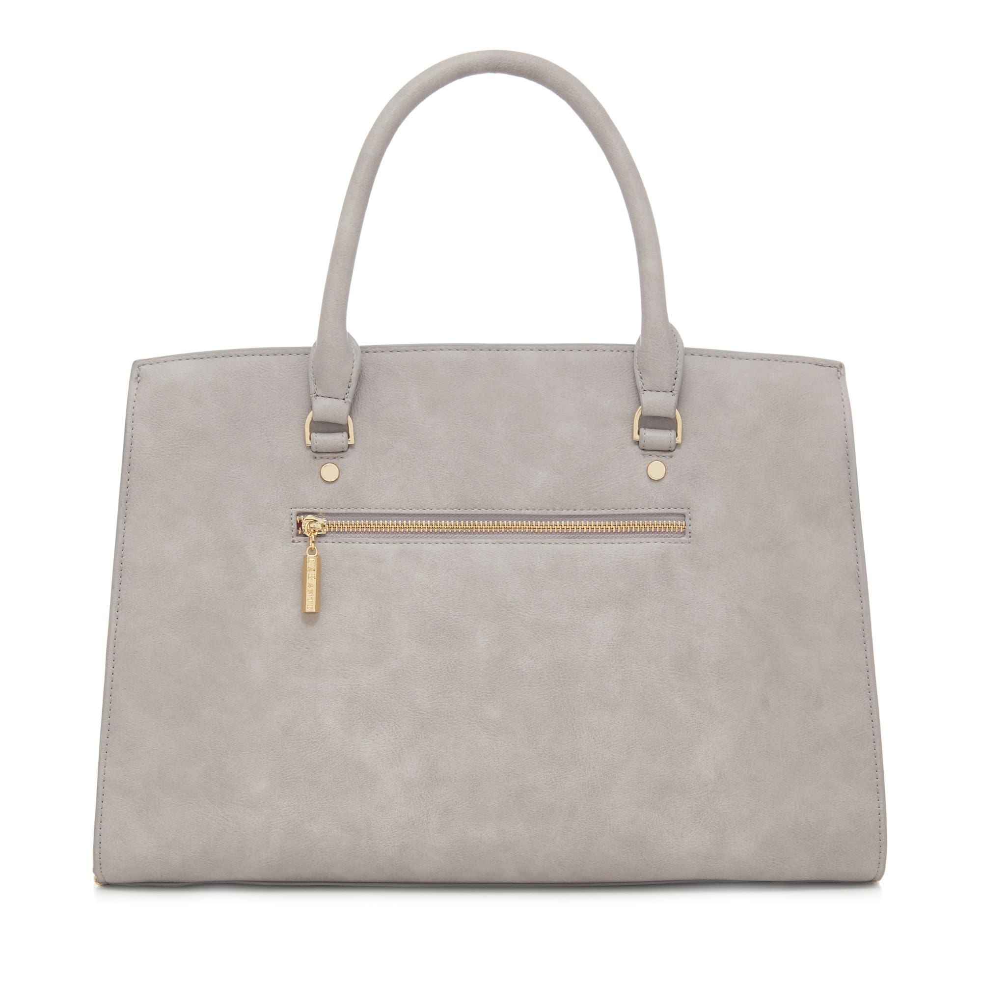 Grey Aricia Vegan Luxury Computer Bag with fuchsia lining and gold hardware, featuring a padded laptop compartment and adjustable strap.