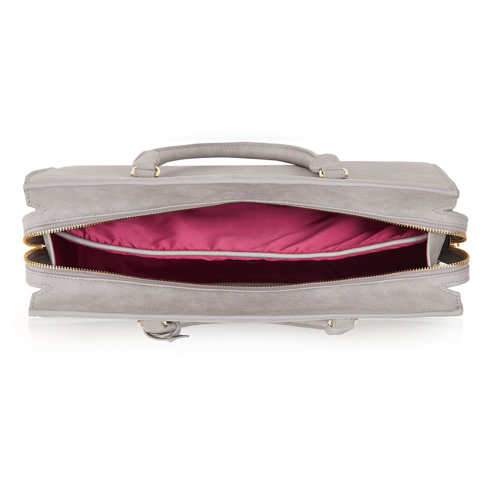 Grey Aricia Vegan Luxury Computer Bag with fuchsia lining and gold hardware, featuring a padded laptop compartment and adjustable strap.