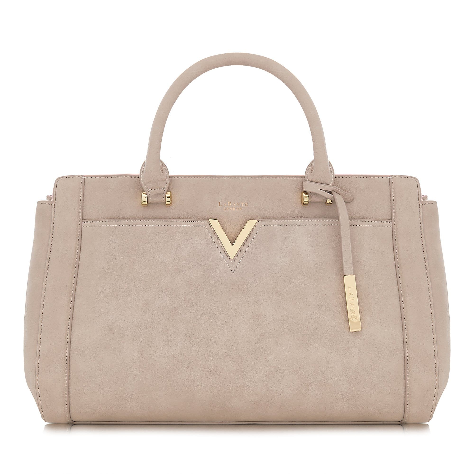 Grey Dawson Vegan Ladies Work Handbag with gold hardware and detachable strap, showcasing its elegant design and padded laptop compartment.