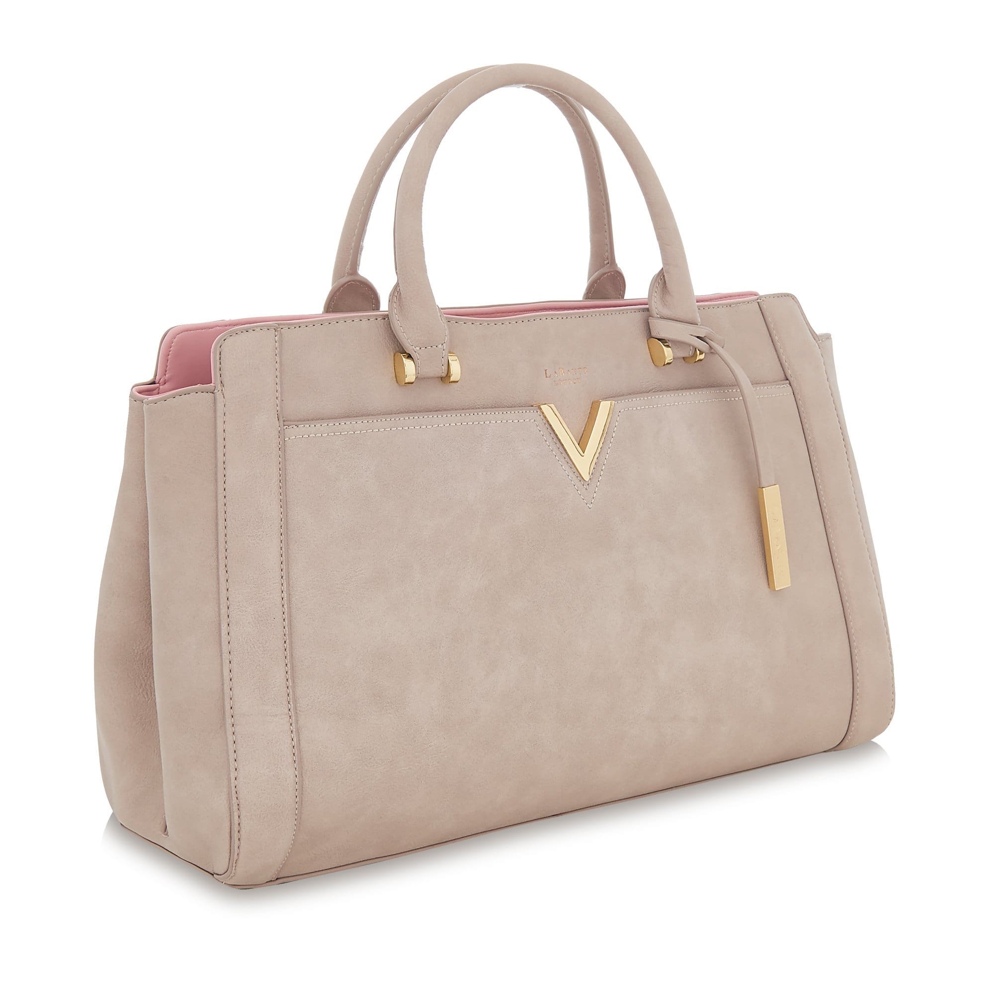 Grey Dawson Vegan Ladies Work Handbag with gold hardware and detachable strap, showcasing its elegant design and padded laptop compartment.