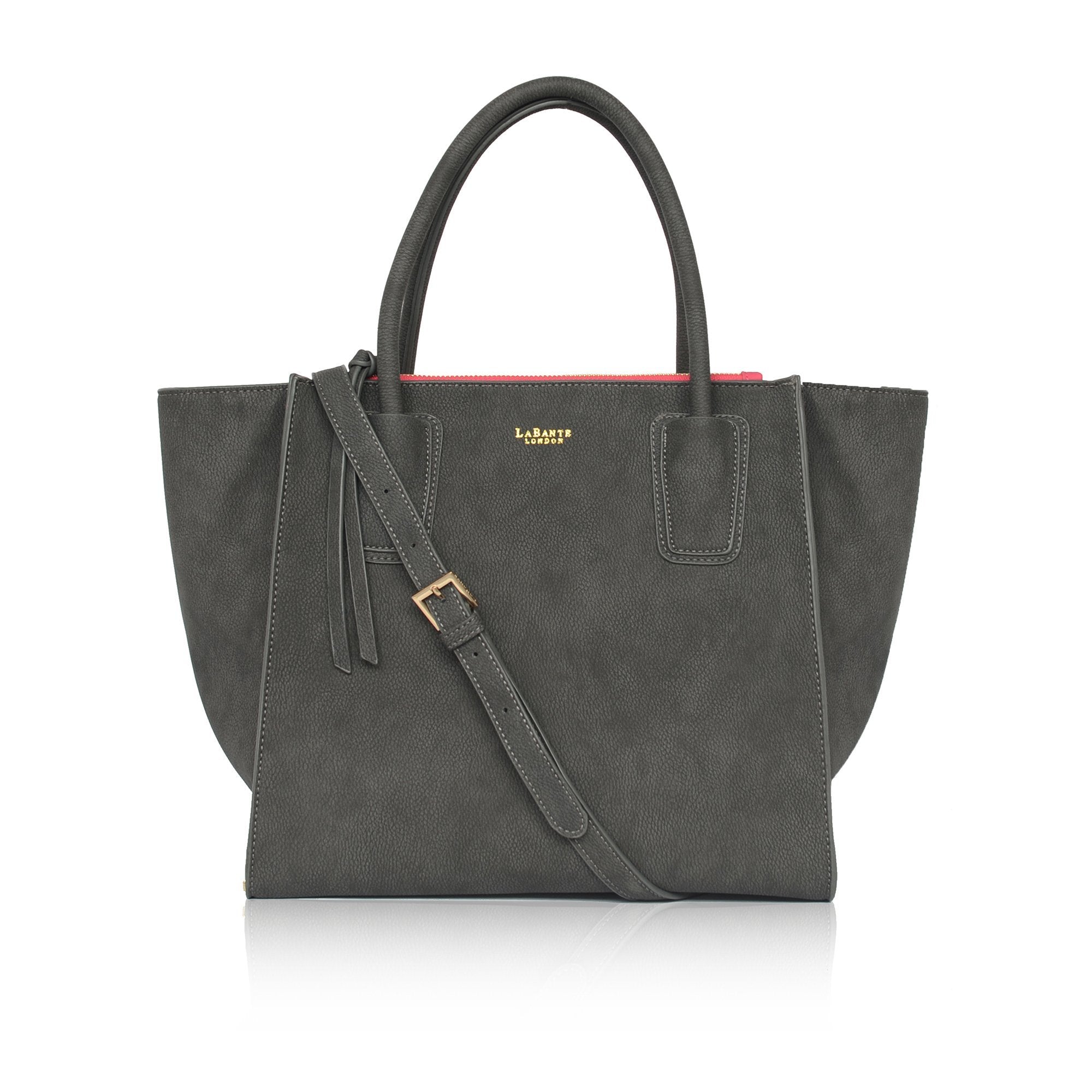 Grey Demi Winged Faux Leather Bag with gold hardware, showcasing its stylish design and compartments.