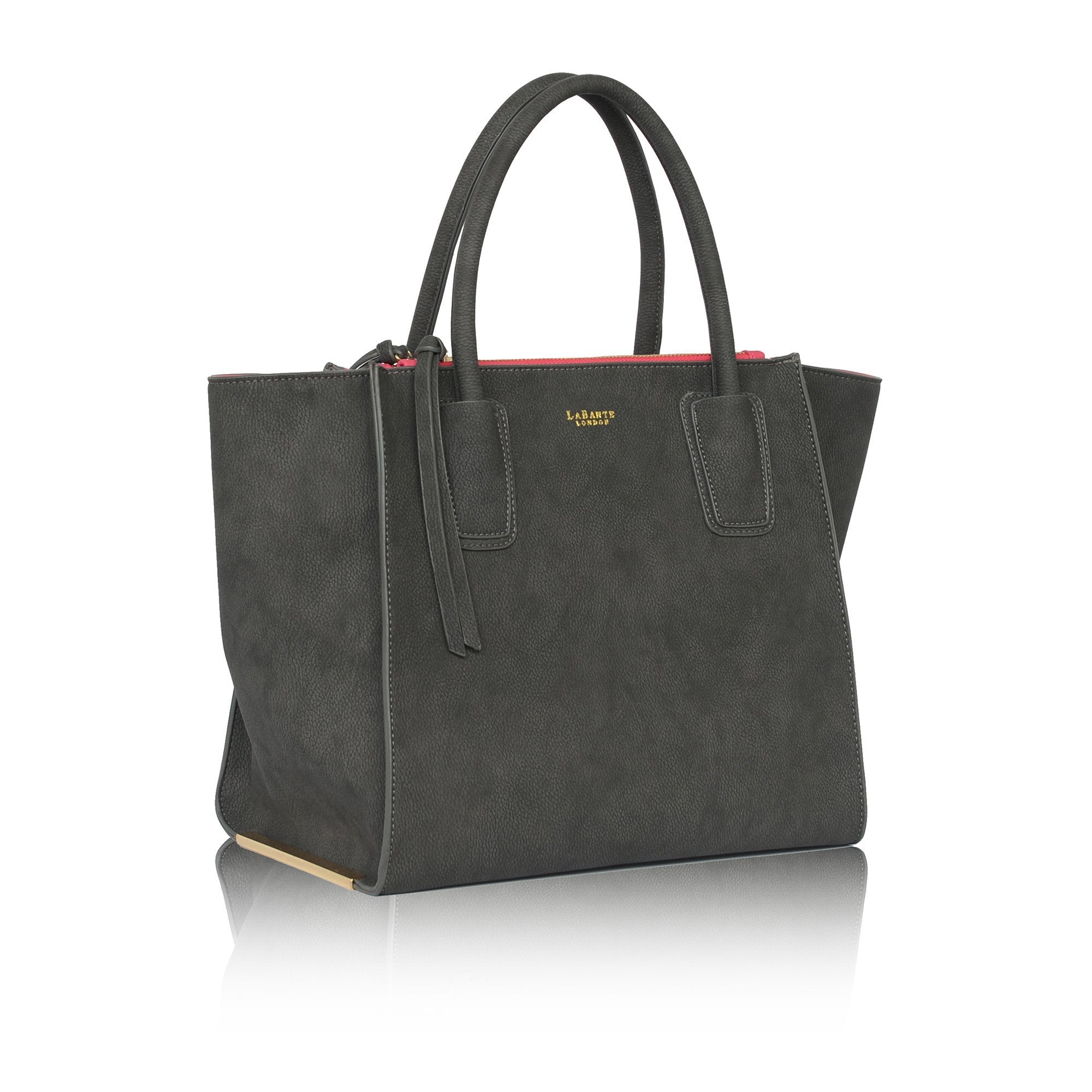 Grey Demi Winged Faux Leather Bag with gold hardware, showcasing its stylish design and compartments.