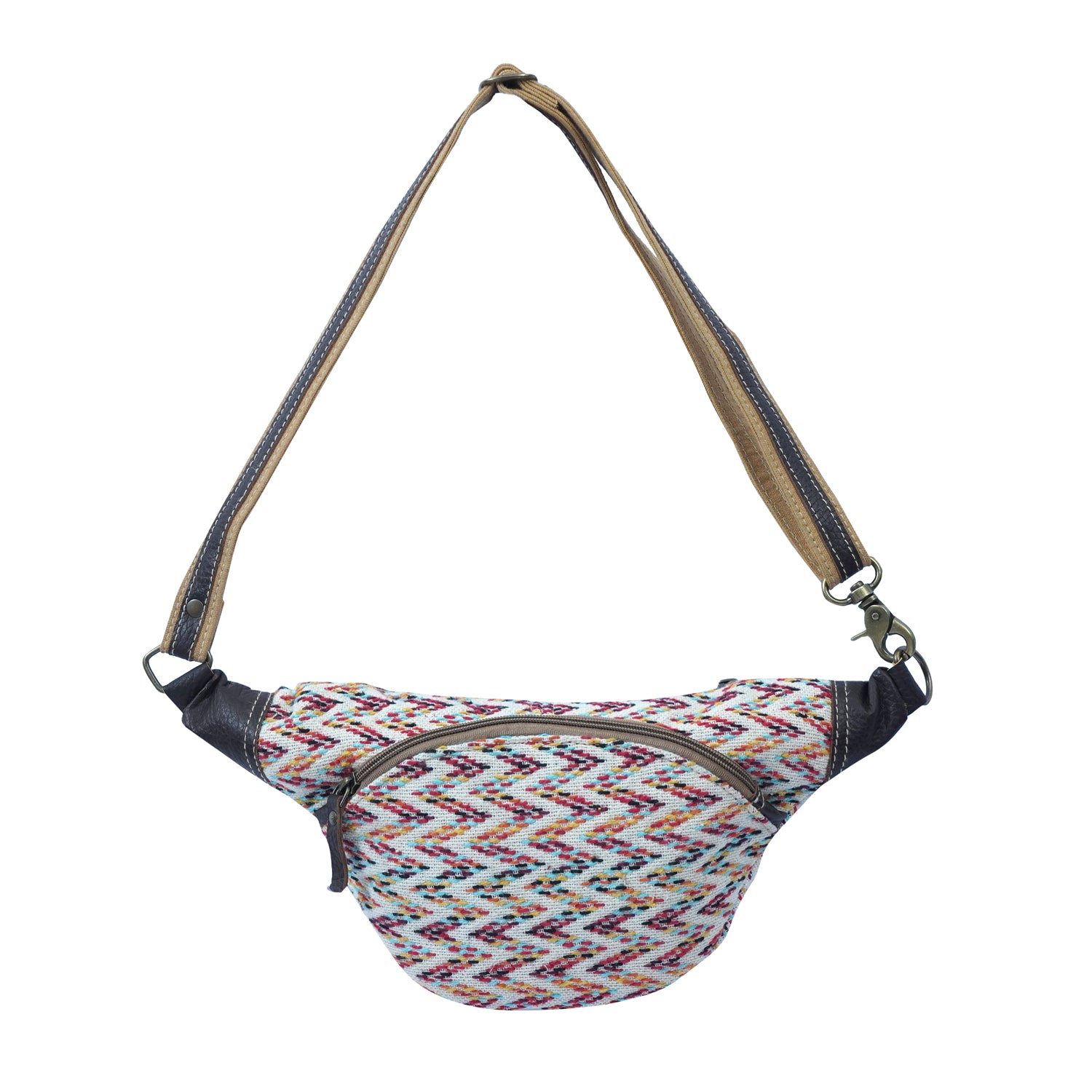 Haelz Fanny Pack featuring colorful rug material, leather accents, and upcycled canvas, showcasing a stylish retro design.