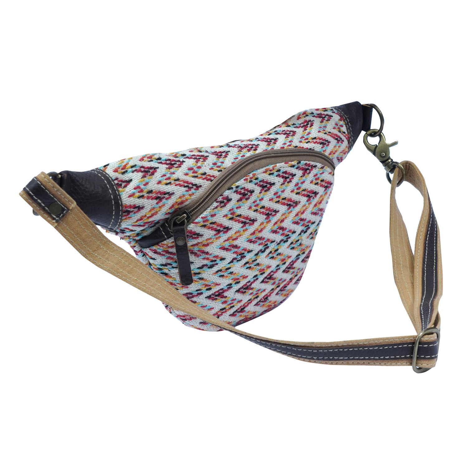 Haelz Fanny Pack featuring colorful rug material, leather accents, and upcycled canvas, showcasing a stylish retro design.