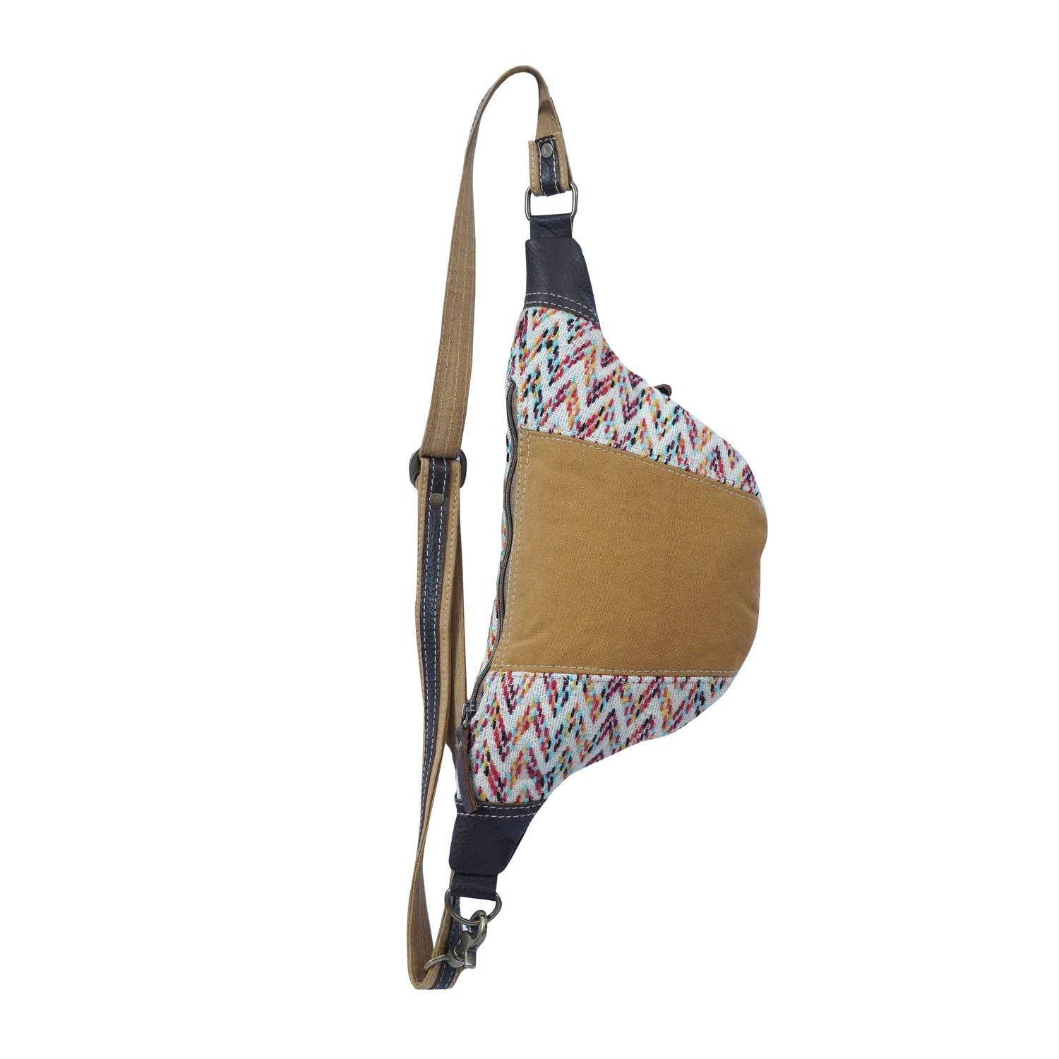 Haelz Fanny Pack featuring colorful rug material, leather accents, and upcycled canvas, showcasing a stylish retro design.