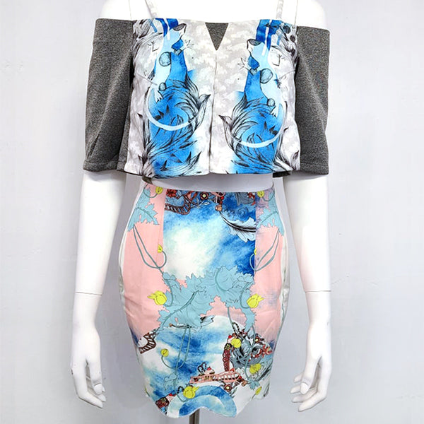 A stylish hand-drawn printed pencil skirt featuring intricate designs, perfect for small to medium sizes.