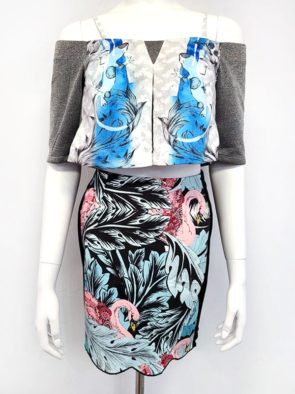 A stylish hand-drawn printed pencil skirt featuring intricate designs, perfect for small to medium sizes.