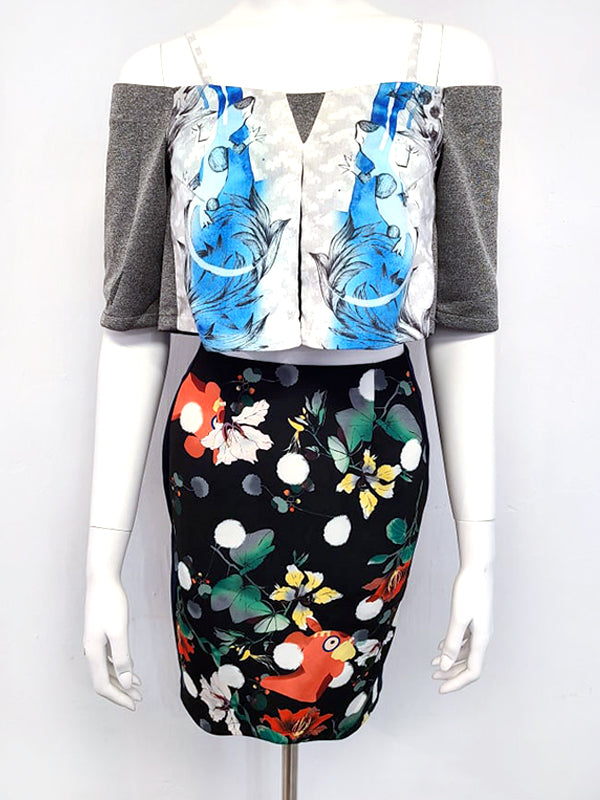 A stylish hand-drawn printed pencil skirt featuring intricate designs, perfect for small to medium sizes.