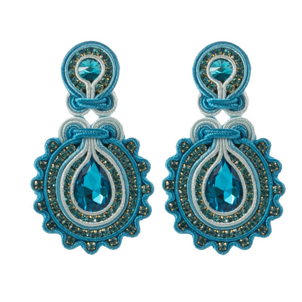 A pair of elegant handmade soutache earrings featuring a water drop design, available in various colors including white, black, and blue.