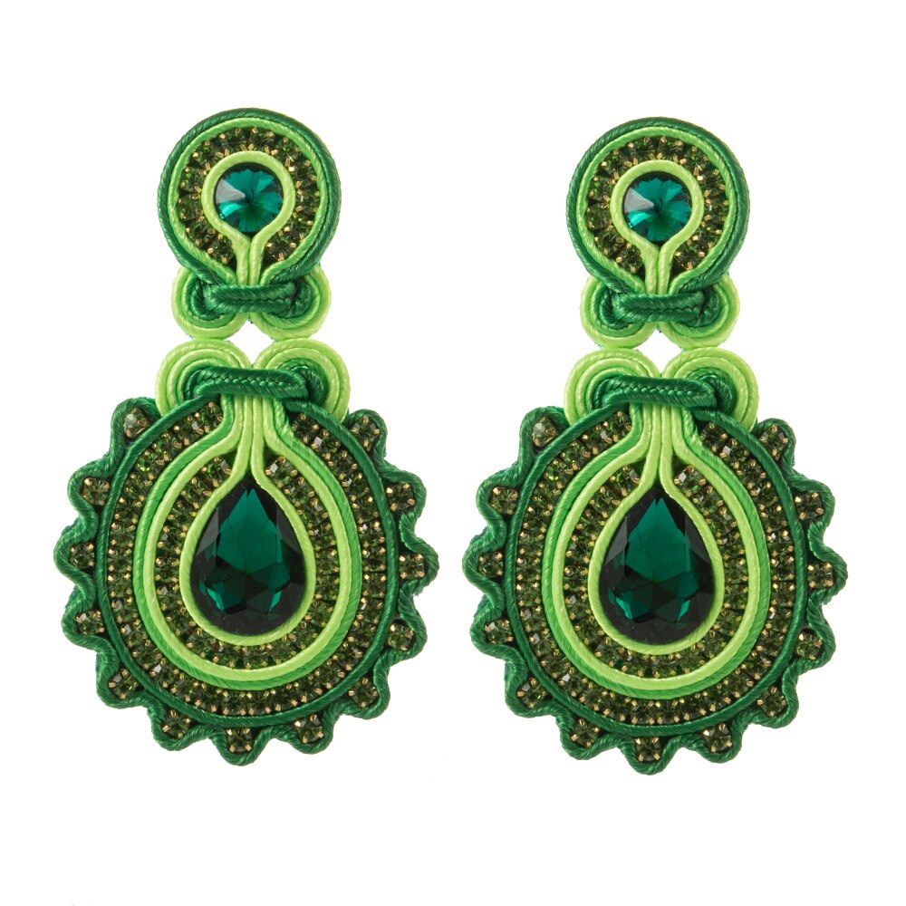 A pair of elegant handmade soutache earrings featuring a water drop design, available in various colors including white, black, and blue.