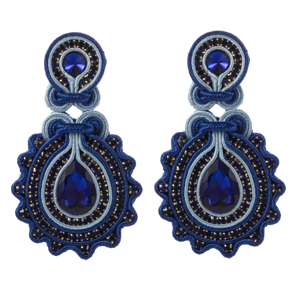 A pair of elegant handmade soutache earrings featuring a water drop design, available in various colors including white, black, and blue.