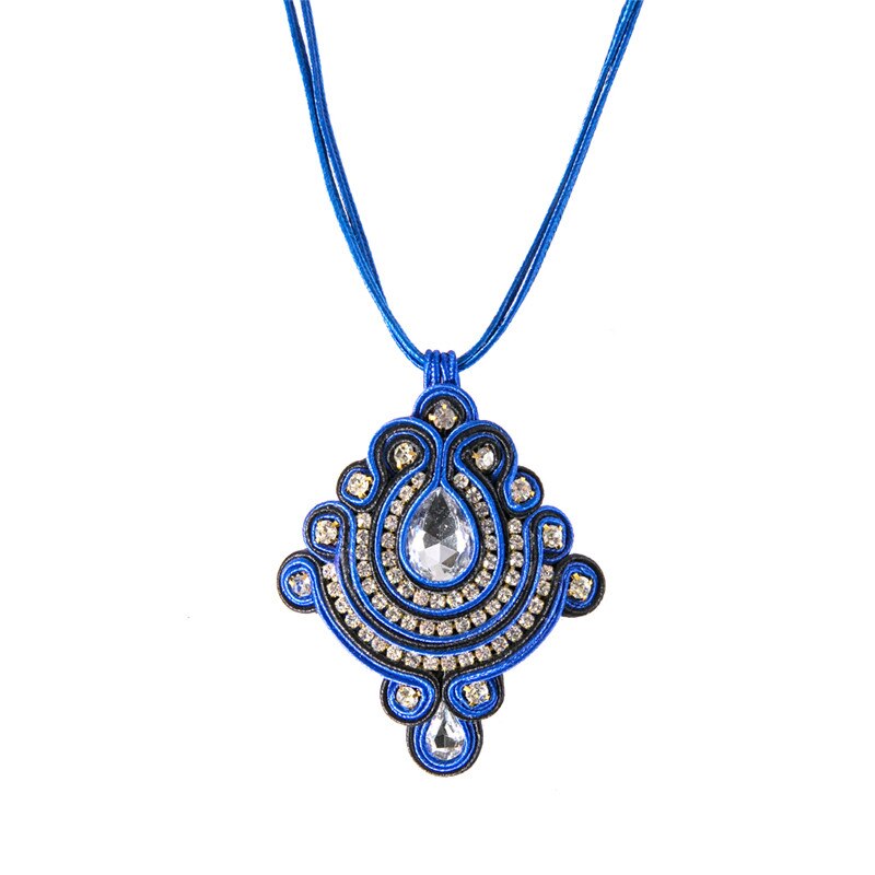 A beautifully crafted Handmade Soutache Necklace featuring intricate soutache patterns in pink, blue, and brown colors, adorned with sparkling rhinestones.