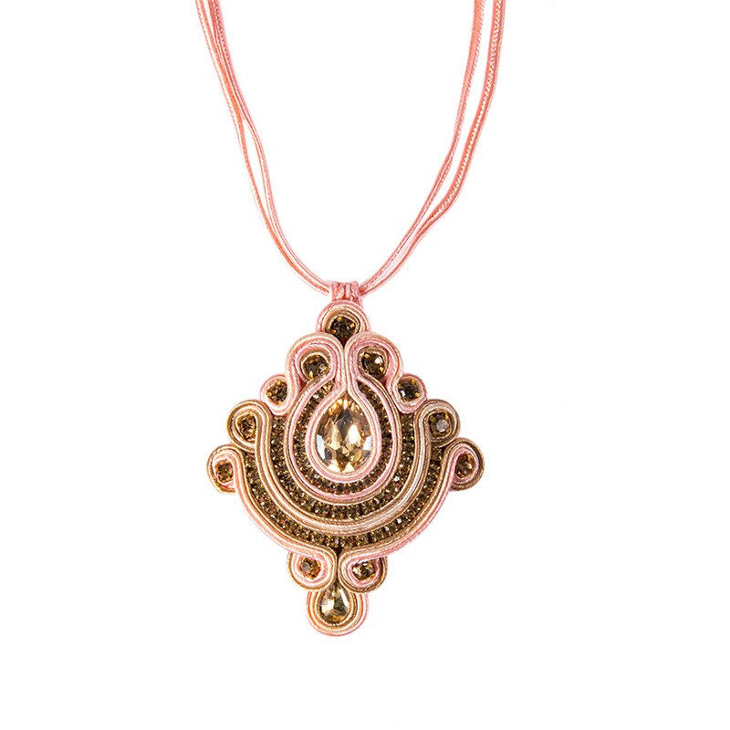 A beautifully crafted Handmade Soutache Necklace featuring intricate soutache patterns in pink, blue, and brown colors, adorned with sparkling rhinestones.