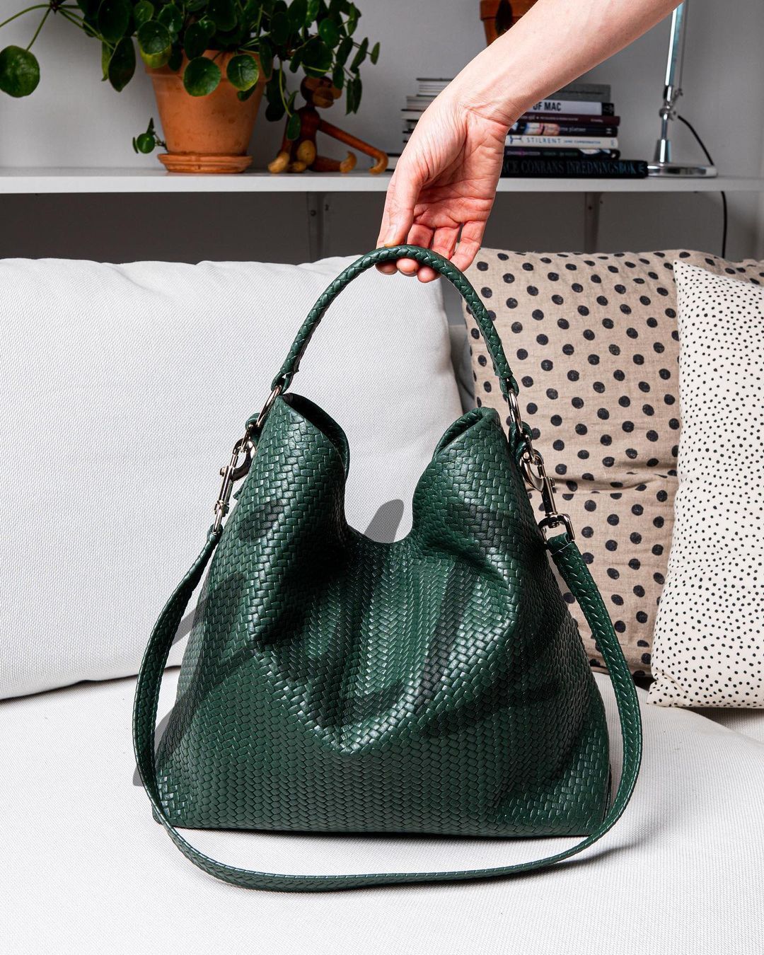 Handmade Woven Original Leather Bag in Green, showcasing intricate weaving and a stylish design with a top handle and detachable shoulder strap.