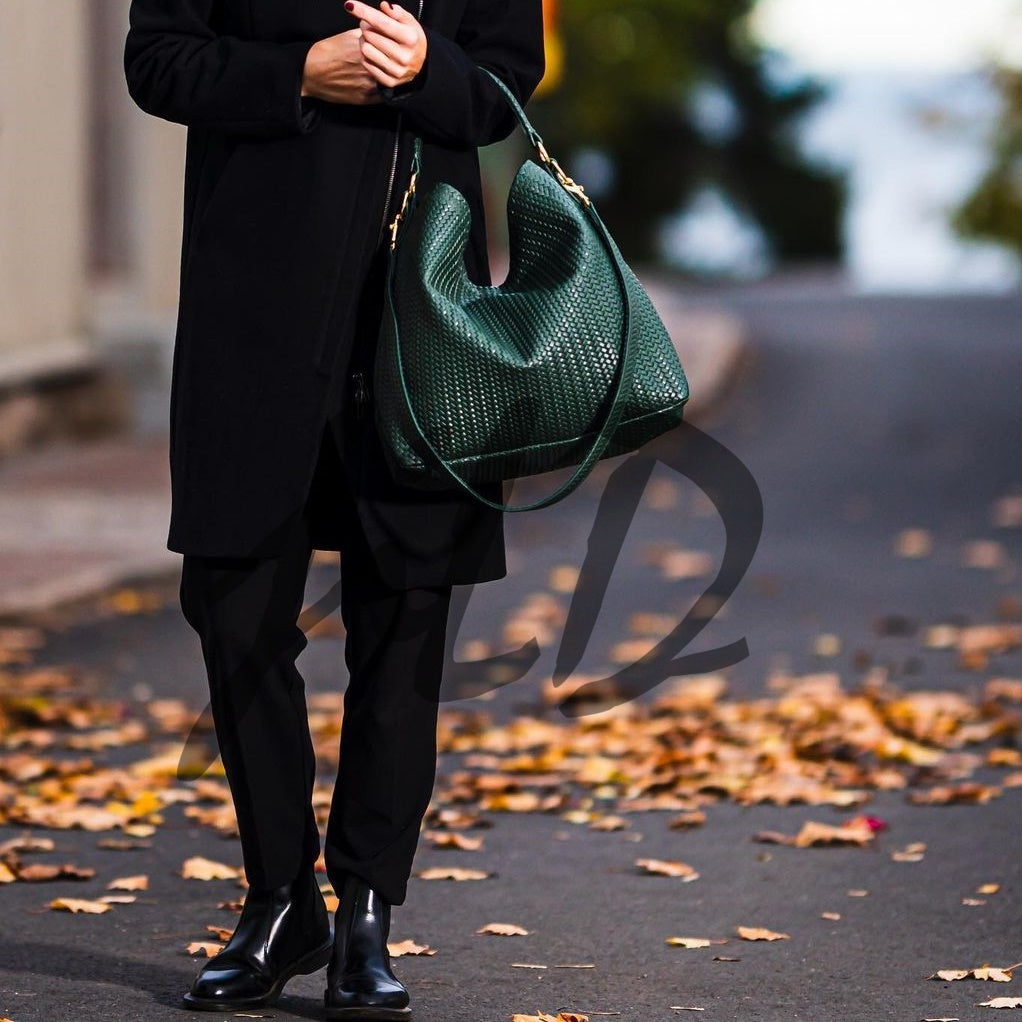 Handmade Woven Original Leather Bag in Green, showcasing intricate weaving and a stylish design with a top handle and detachable shoulder strap.