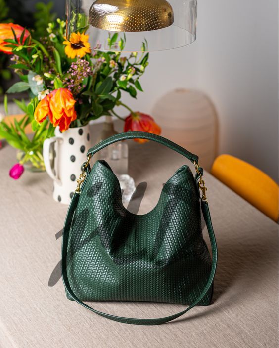 Handmade Woven Original Leather Bag in Green, showcasing intricate weaving and a stylish design with a top handle and detachable shoulder strap.