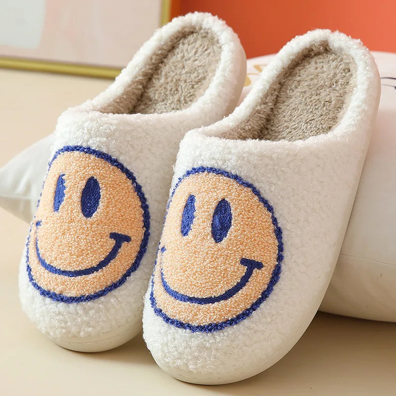 Happy Smile Face Slippers featuring a cute smiley face design, made from soft cotton and rubber, perfect for indoor winter wear.