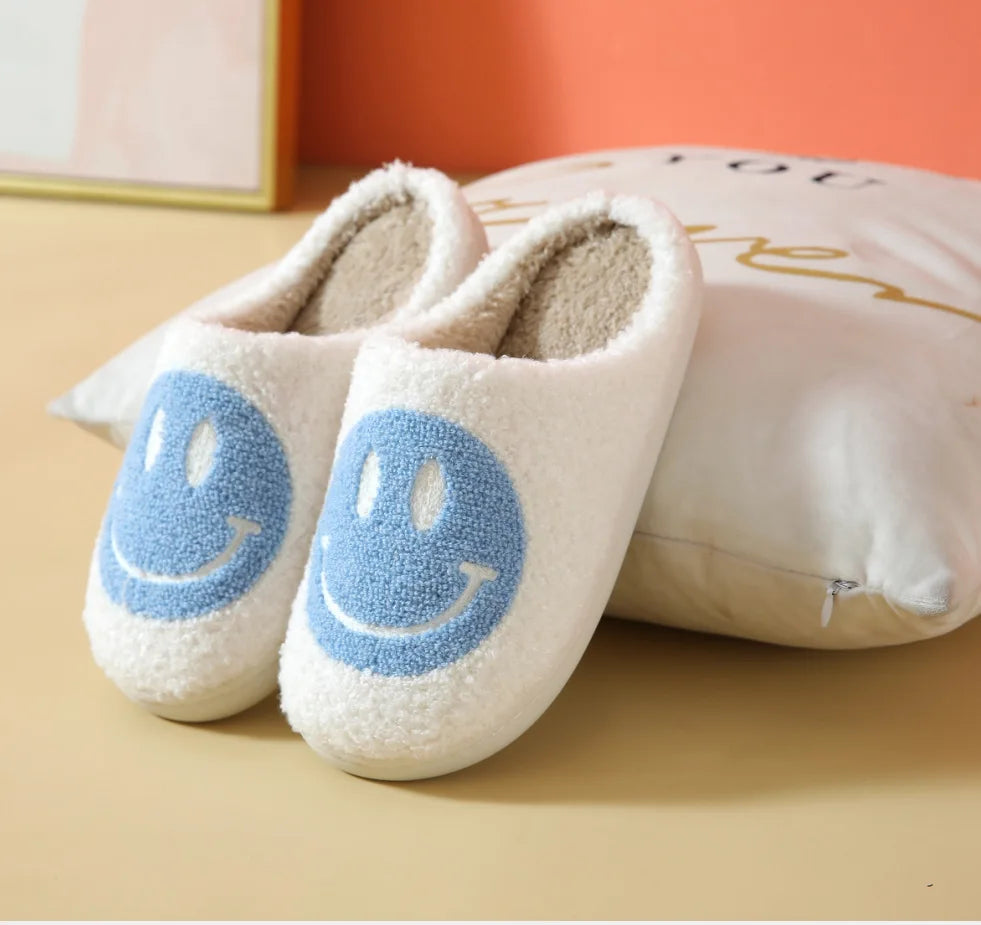 Happy Smile Face Slippers featuring a cute smiley face design, made from soft cotton and rubber, perfect for indoor winter wear.