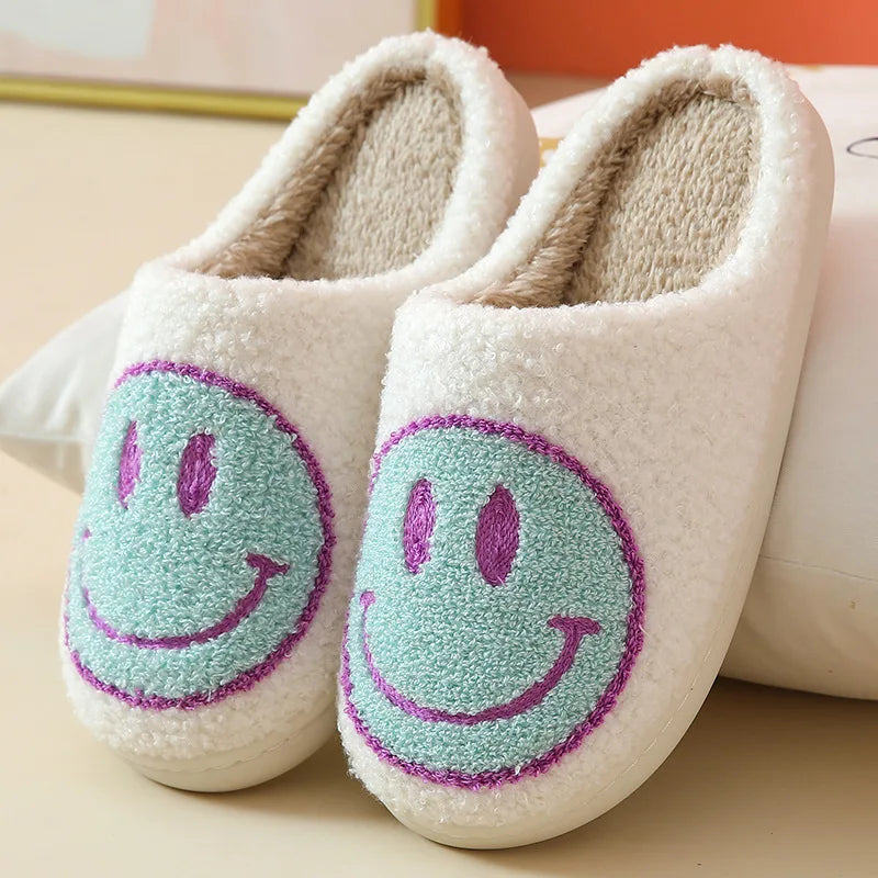 Happy Smile Face Slippers featuring a cute smiley face design, made from soft cotton and rubber, perfect for indoor winter wear.