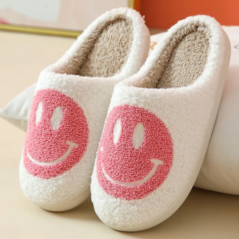 Happy Smile Face Slippers featuring a cute smiley face design, made from soft cotton and rubber, perfect for indoor winter wear.