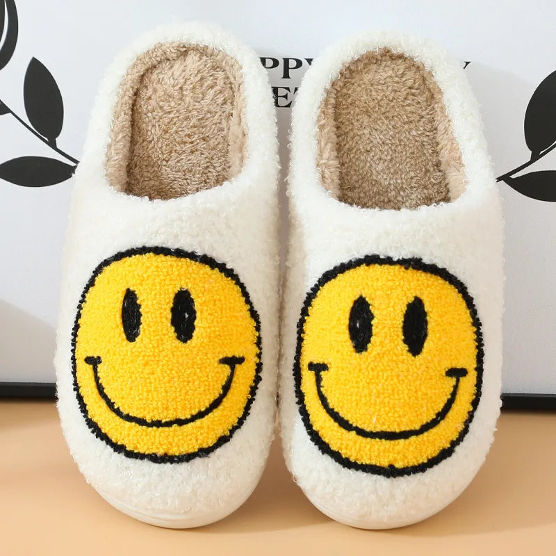 Happy Smile Face Slippers featuring a cute smiley face design, made from soft cotton and rubber, perfect for indoor winter wear.