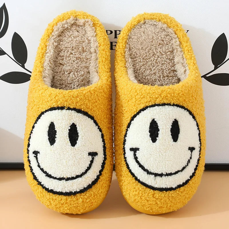 Happy Smile Face Slippers featuring a cute smiley face design, made from soft cotton and rubber, perfect for indoor winter wear.