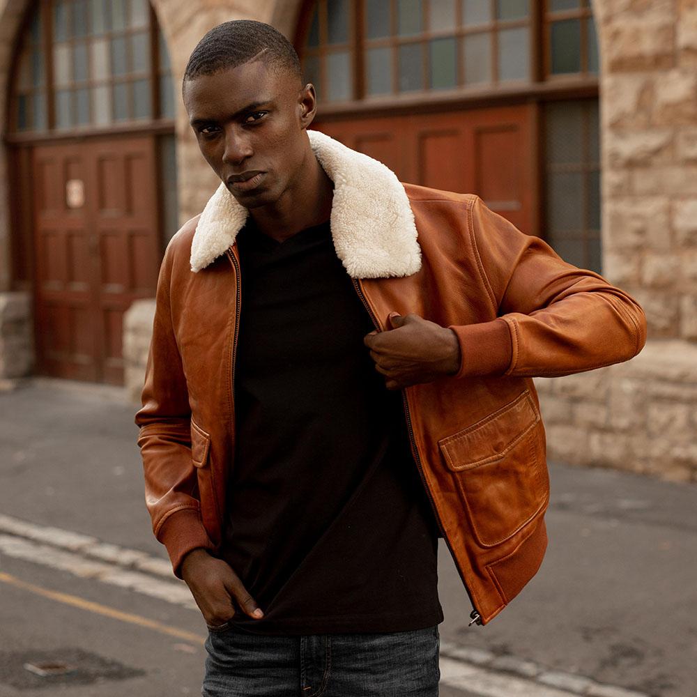 Harry Bomber Jacket in Chestnut color, featuring a classic cut, cold-defying collar, and multiple pockets for convenience.