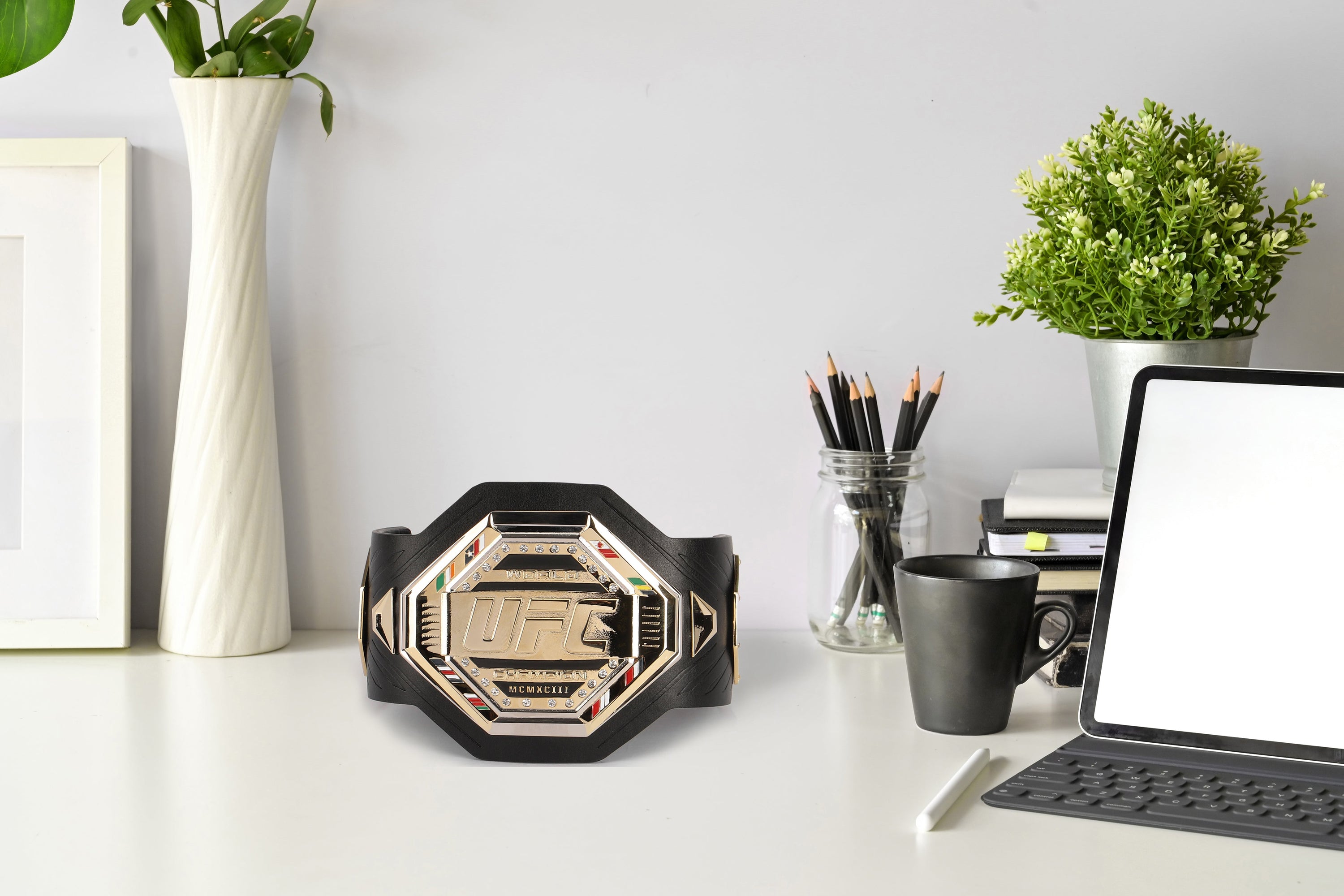 Hasbulla Official Signed Replica Desktop Belt showcasing Hasbulla's signature and intricate design, perfect for UFC fans.