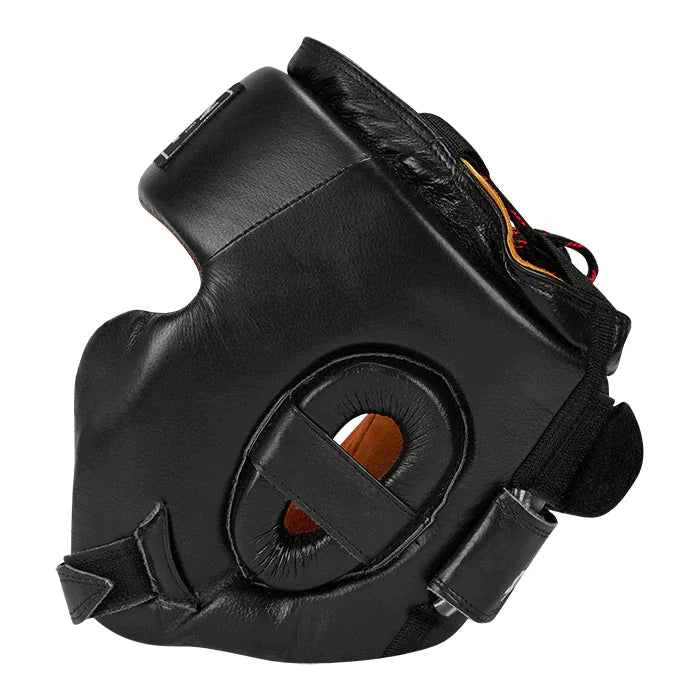 Head Guard SPARTAN made of premium cowhide leather with handcrafted padding, featuring dual closure system and extended ear protection.