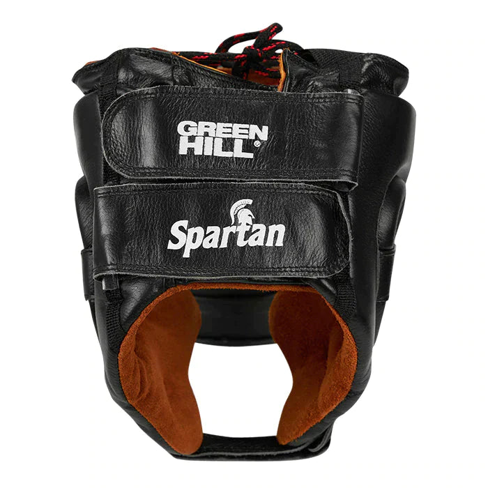 Head Guard SPARTAN made of premium cowhide leather with handcrafted padding, featuring dual closure system and extended ear protection.