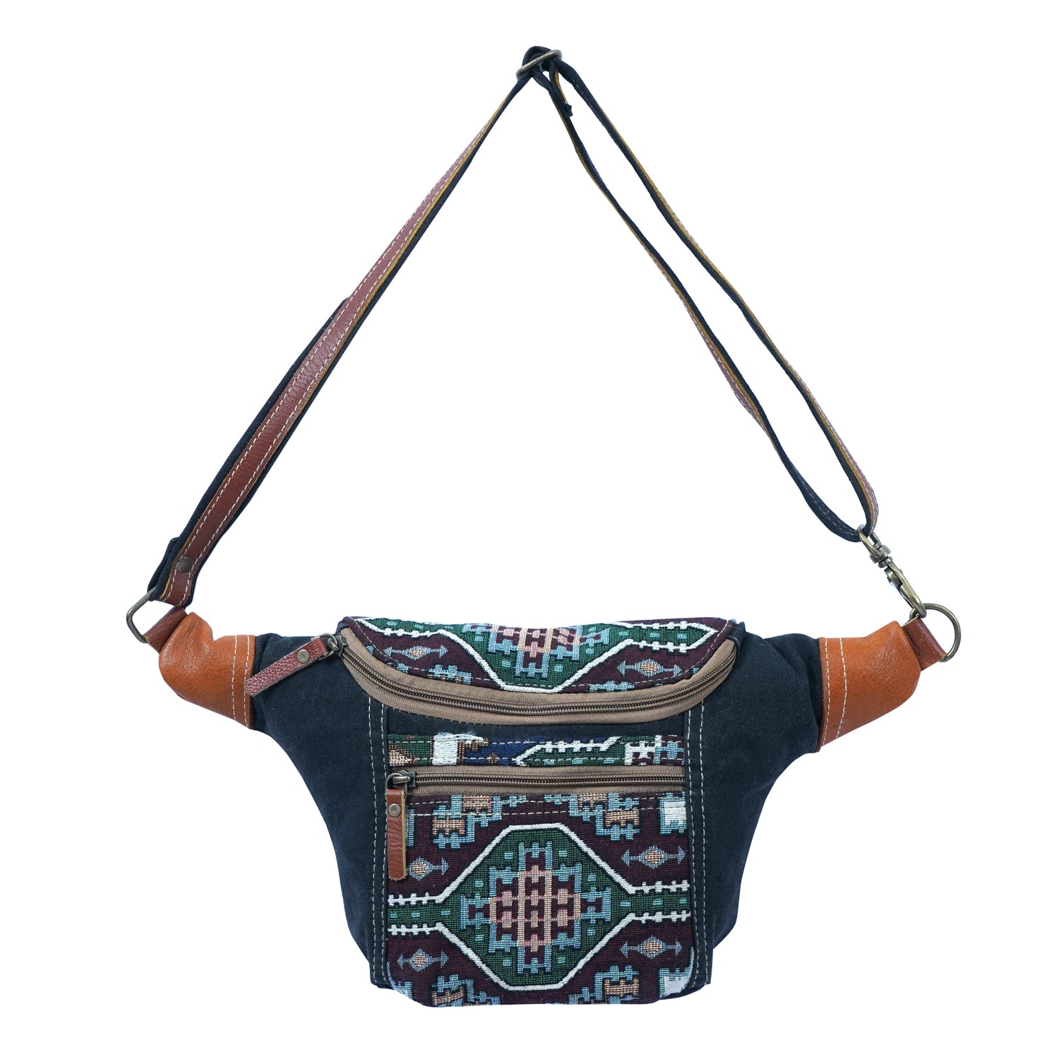 Heather Fanny Pack made from cotton, upcycled canvas, and leather, showcasing its stylish design and craftsmanship.