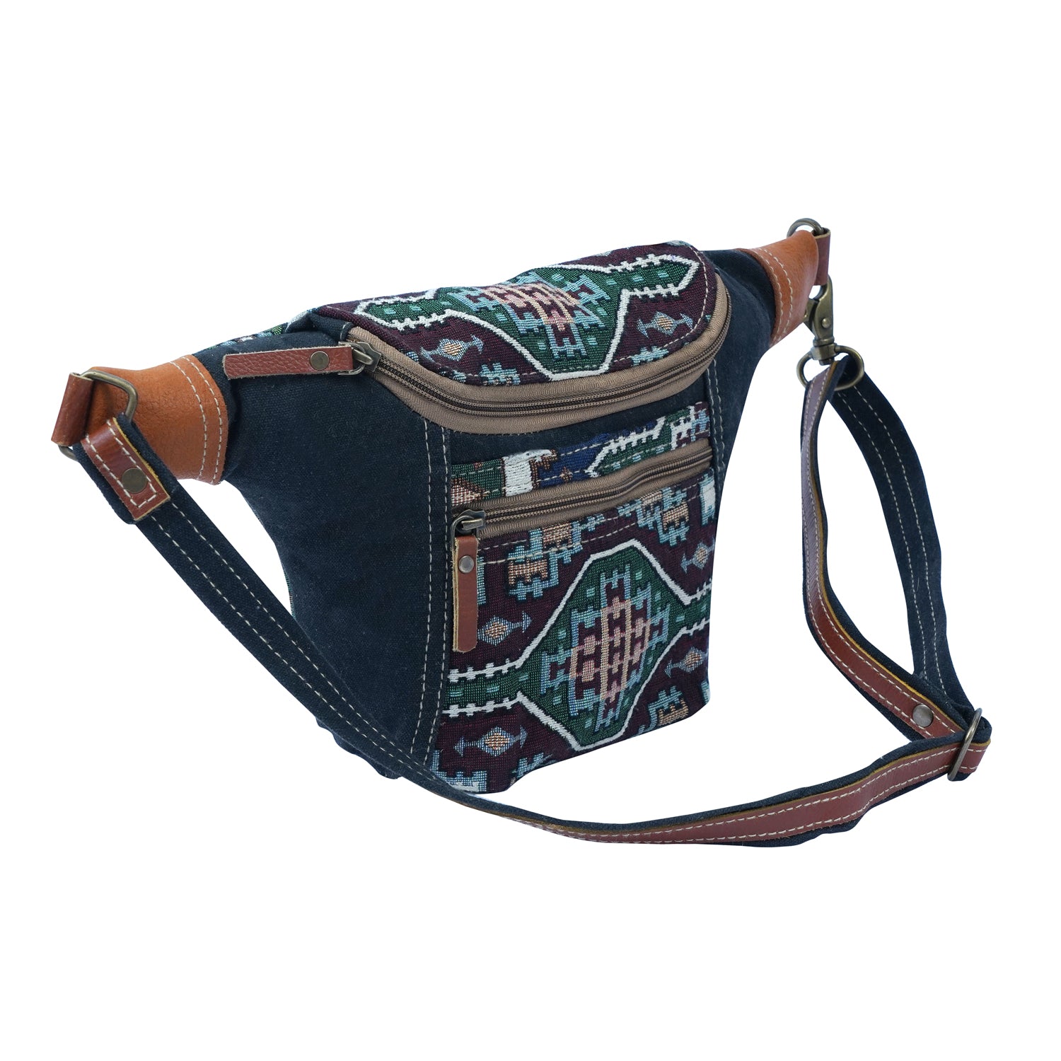 Heather Fanny Pack made from cotton, upcycled canvas, and leather, showcasing its stylish design and craftsmanship.