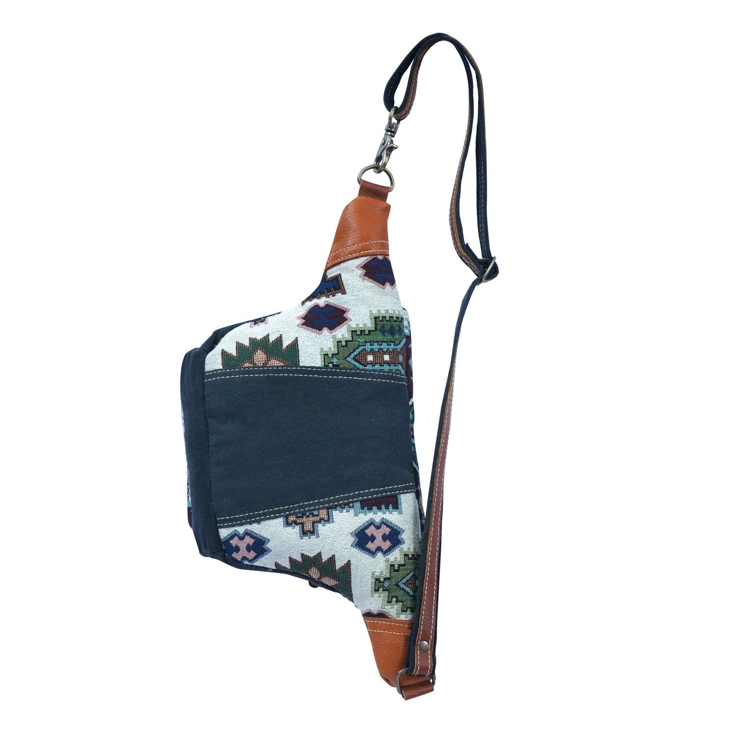 Heather Fanny Pack made from cotton, upcycled canvas, and leather, showcasing its stylish design and craftsmanship.