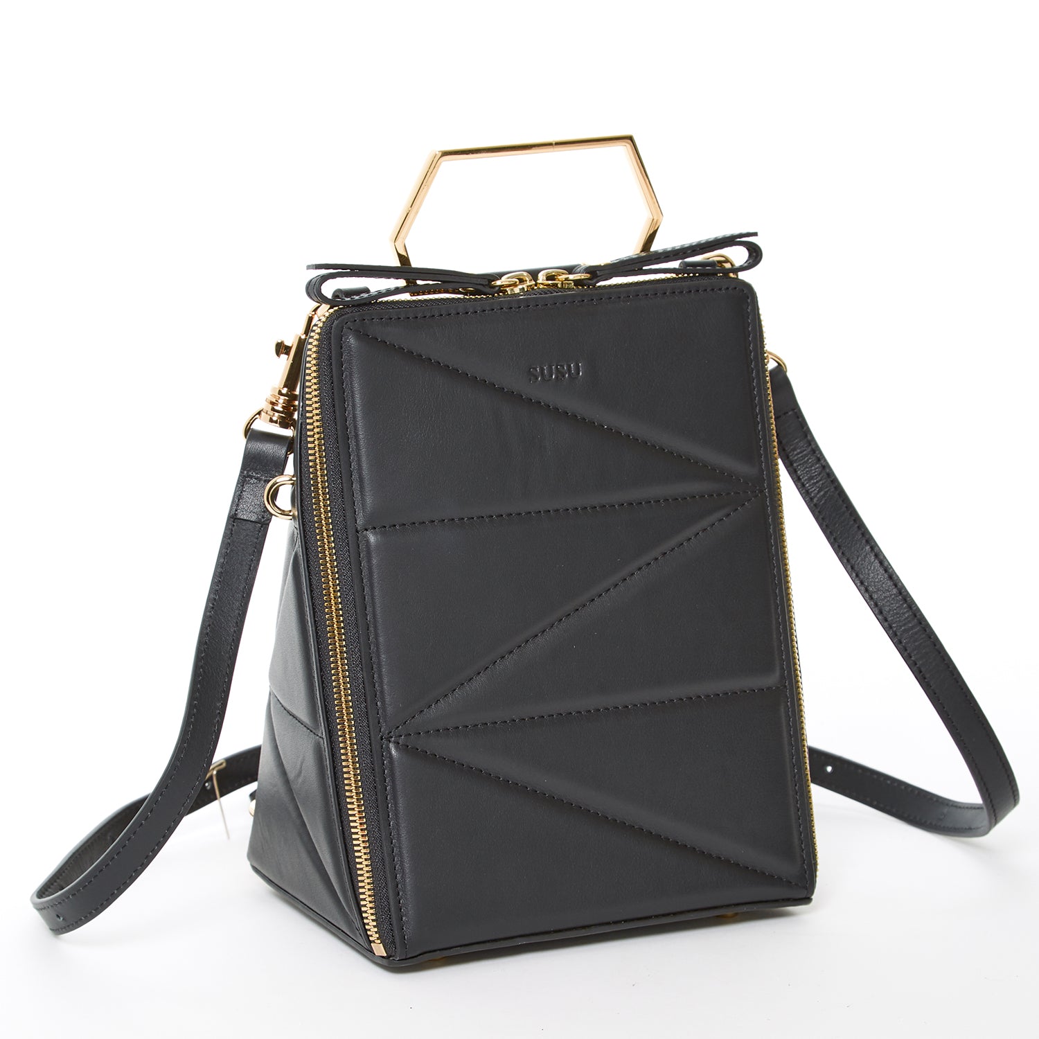 Heidi Black Leather Backpack Purse showcasing its stylish design, gold hardware, and teal interior.