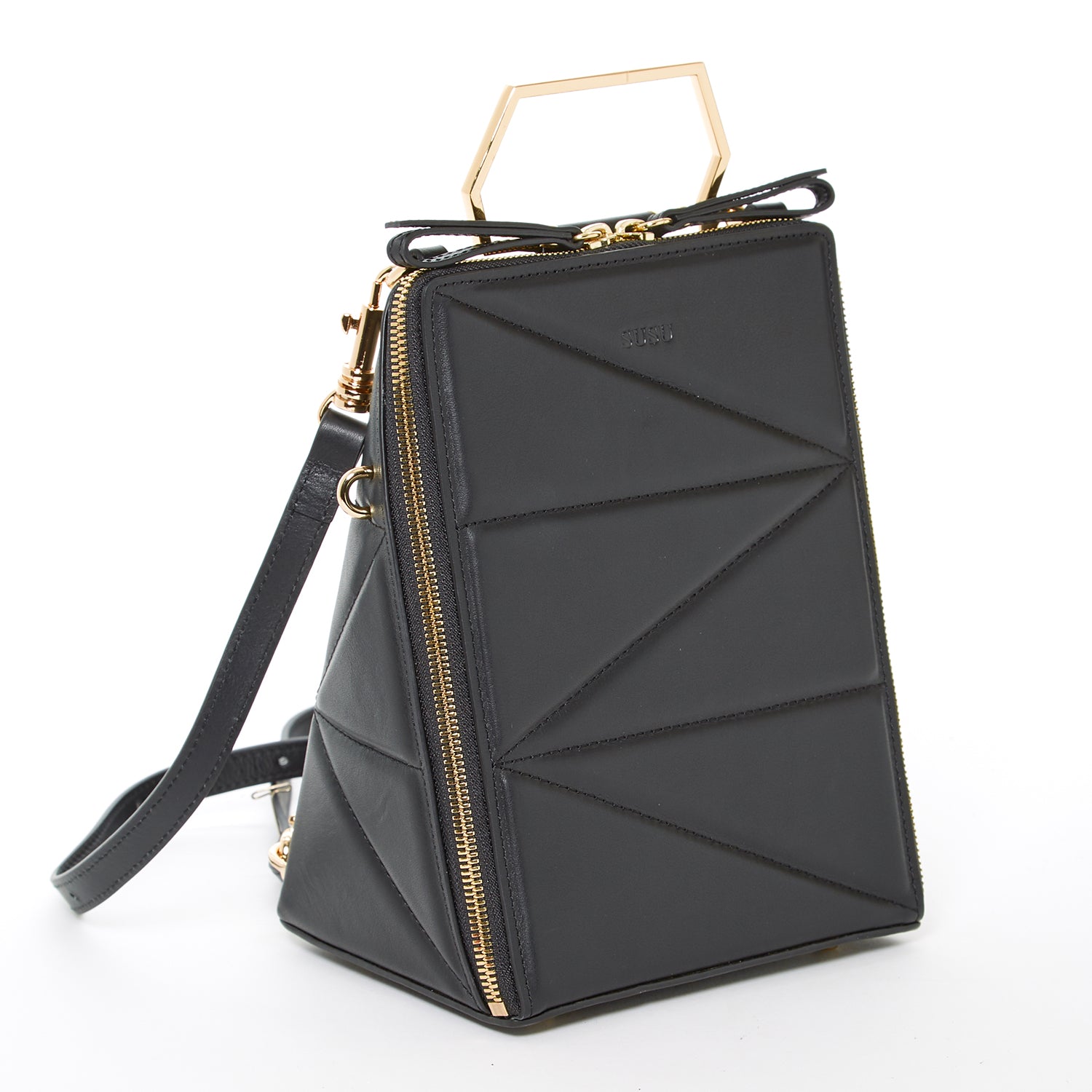 Heidi Black Leather Backpack Purse showcasing its stylish design, gold hardware, and teal interior.