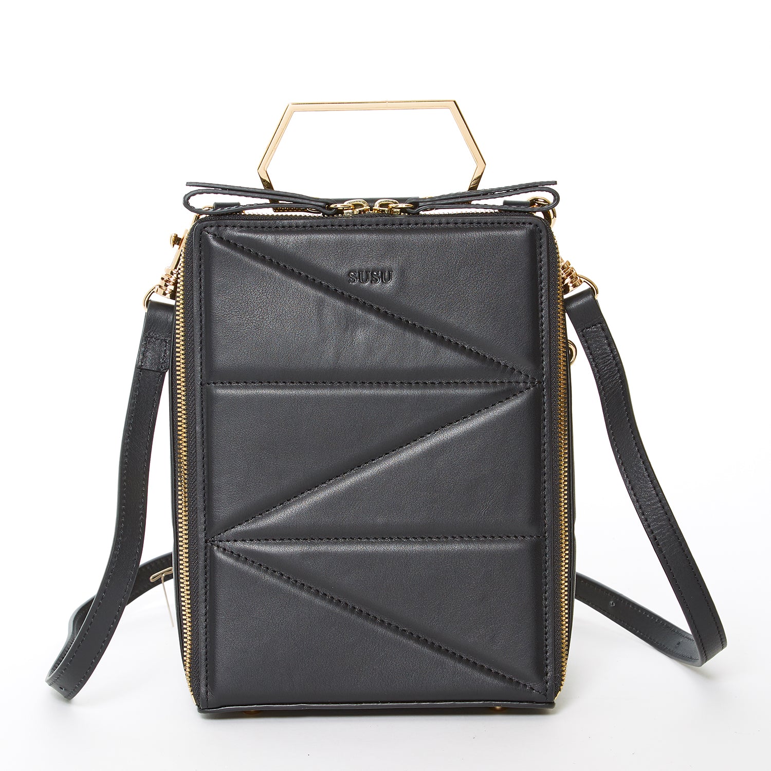 Heidi Black Leather Backpack Purse showcasing its stylish design, gold hardware, and teal interior.