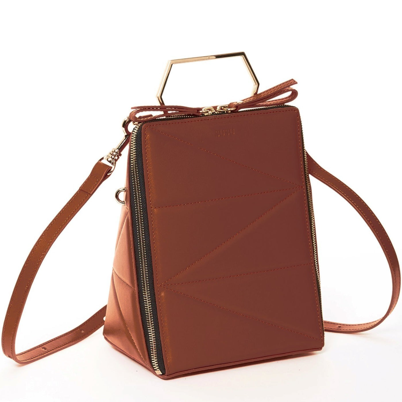 Heidi Brown Leather Backpack Purse featuring gold hardware and teal interior, showcasing its stylish design and versatility.