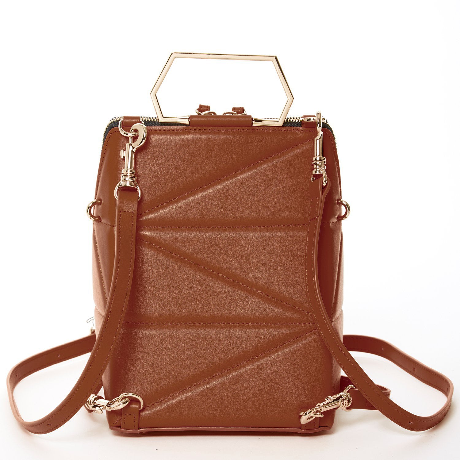 Heidi Brown Leather Backpack Purse featuring gold hardware and teal interior, showcasing its stylish design and versatility.