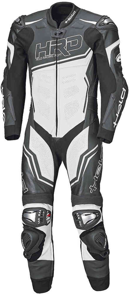 Held Slade II One Piece Motorcycle Leather Suit showcasing its sleek design and protective features, including titanium protectors and stretch panels.