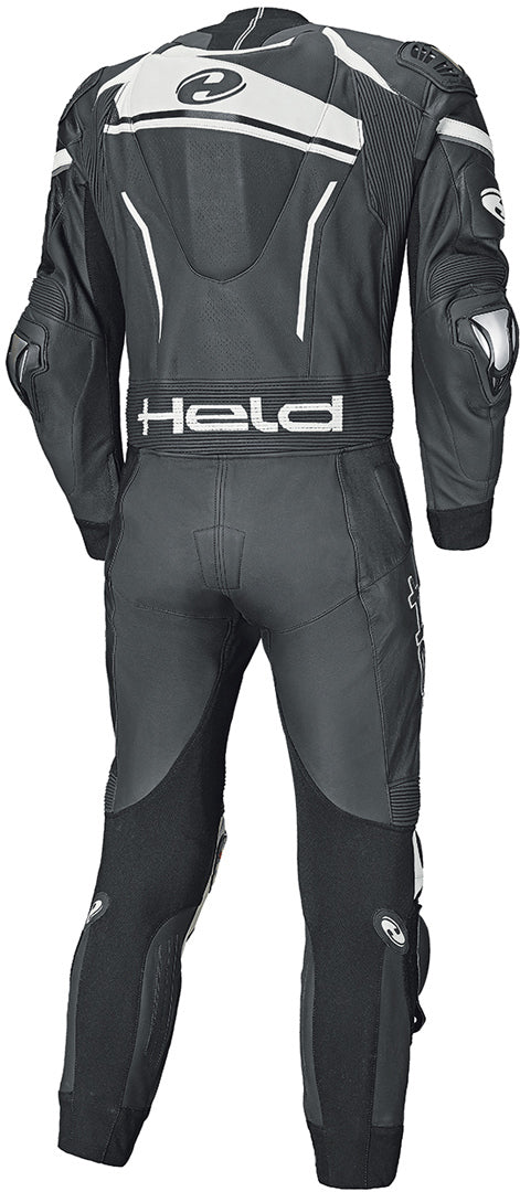 Held Slade II One Piece Motorcycle Leather Suit showcasing its sleek design and protective features, including titanium protectors and stretch panels.