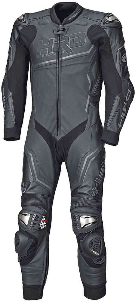 Held Slade II One Piece Motorcycle Leather Suit showcasing its sleek design and protective features, including titanium protectors and stretch panels.