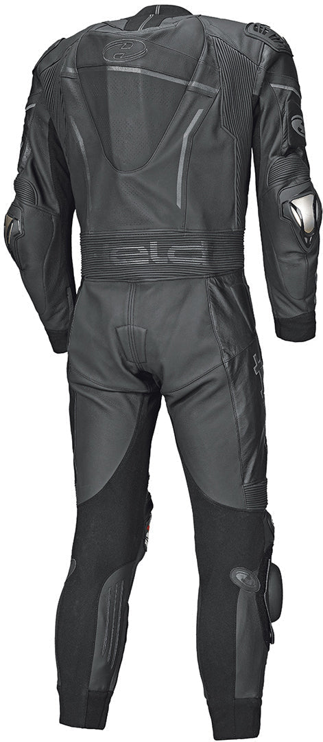 Held Slade II One Piece Motorcycle Leather Suit showcasing its sleek design and protective features, including titanium protectors and stretch panels.