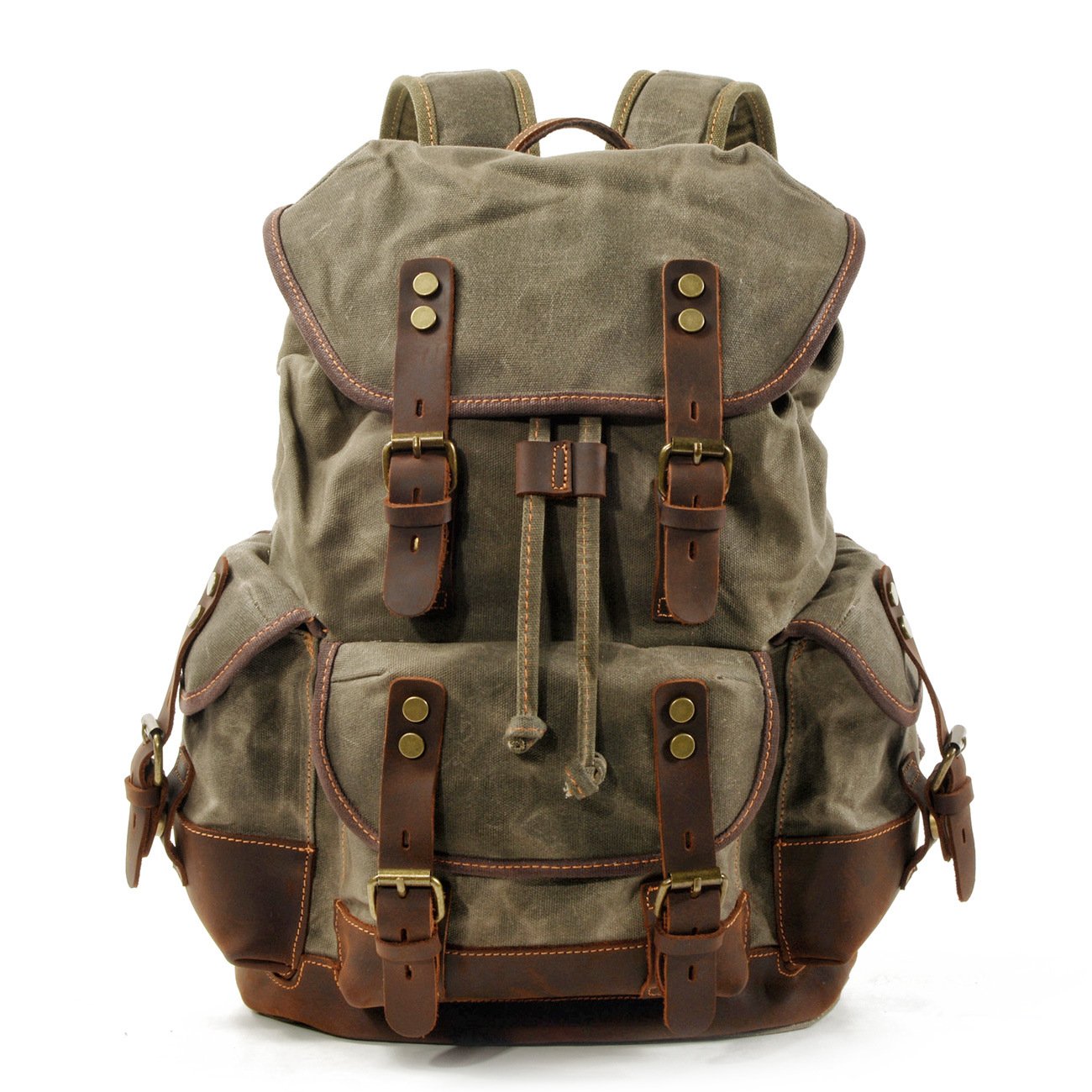 High Quality Canvas Stitching Mountaineering Backpack made from waterproof oil wax canvas with multiple pockets and breathable straps.