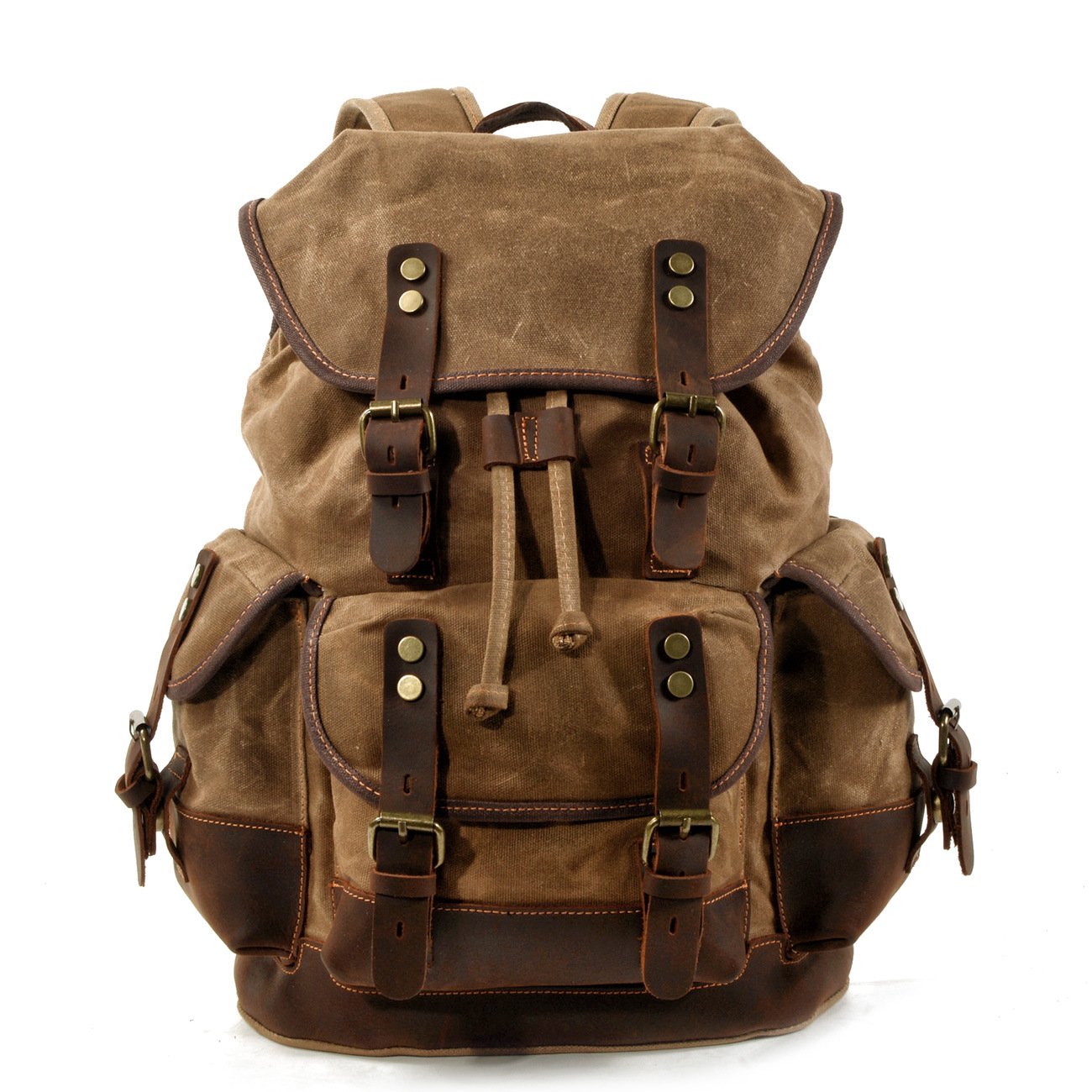 High Quality Canvas Stitching Mountaineering Backpack made from waterproof oil wax canvas with multiple pockets and breathable straps.